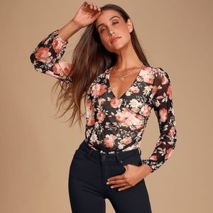 Lulus Bold Moves Black Floral Print Mesh Bodysuit